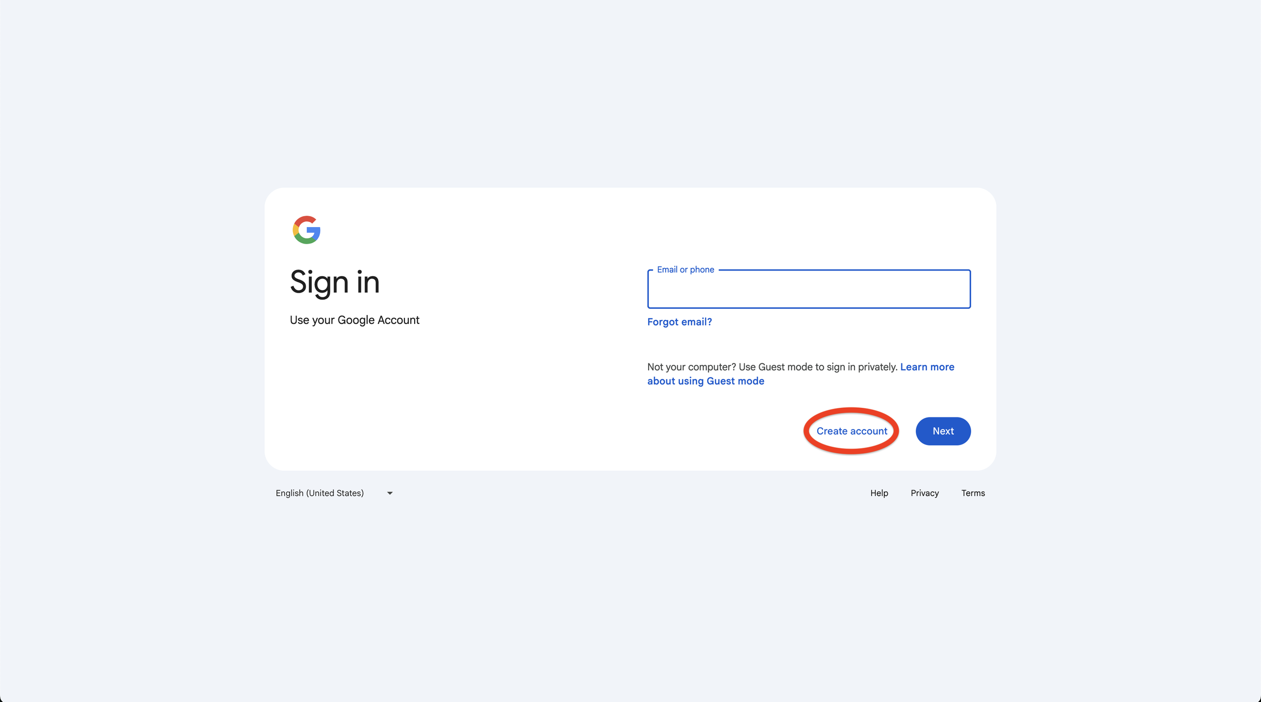 Google sign-in page with the 'Create account' button circled.