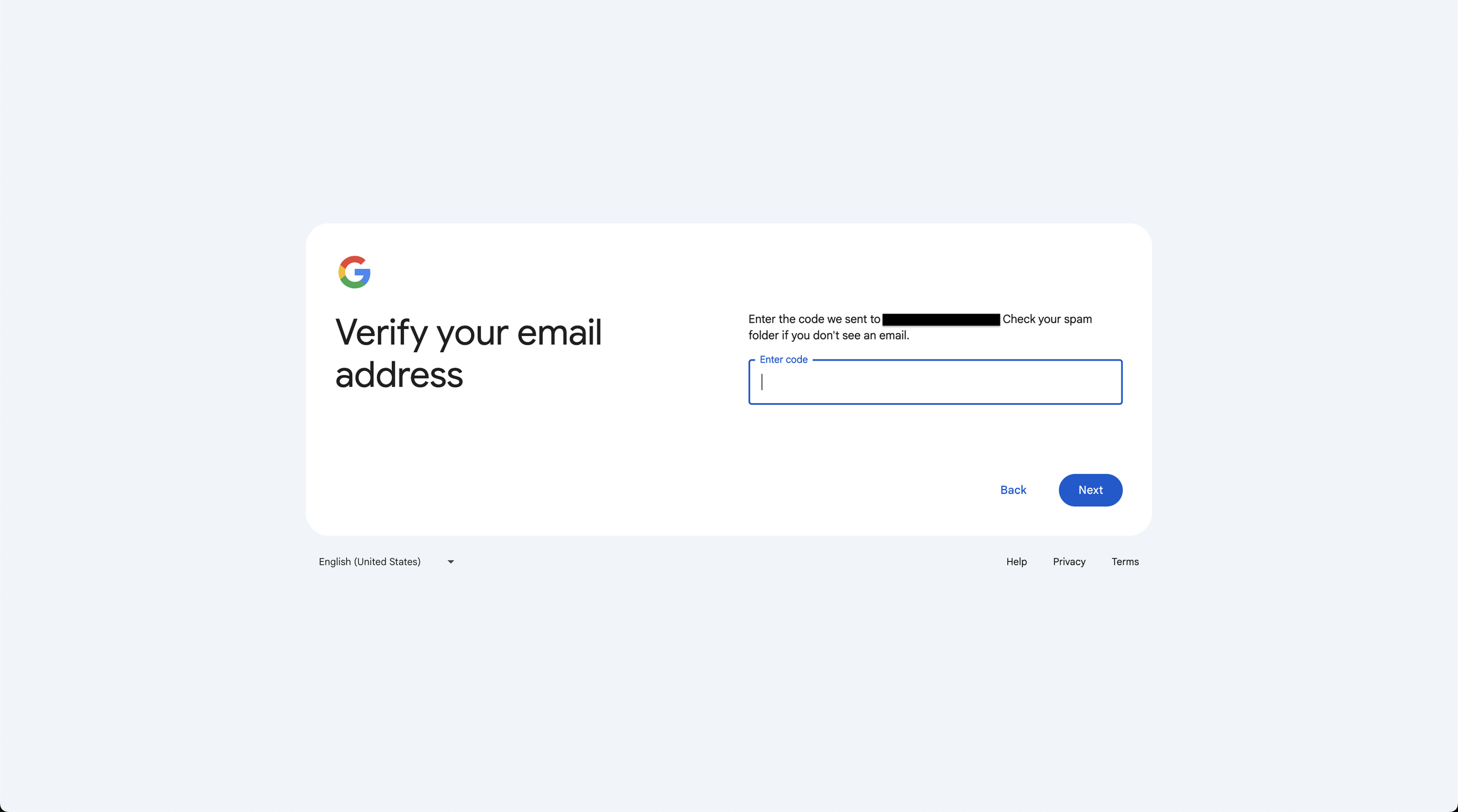 Google account setup page prompting the user to verify their email by entering a verification code.