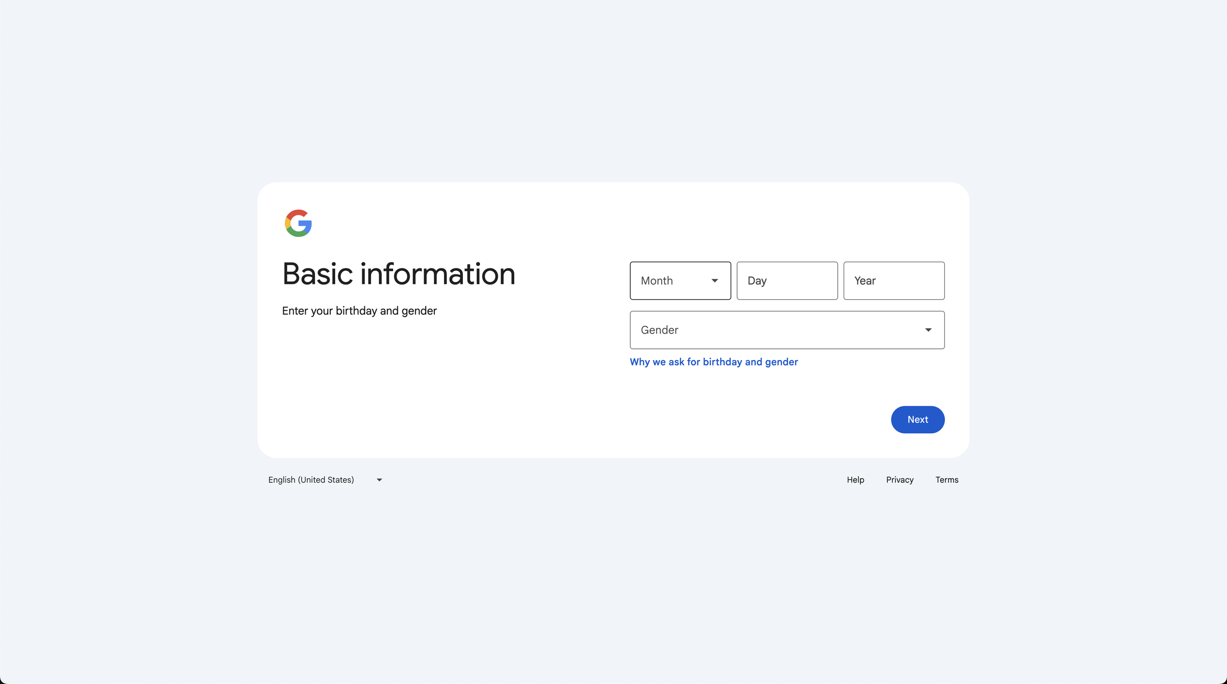Google account creation page prompting for basic information, including birth month, day, year, and gender.
