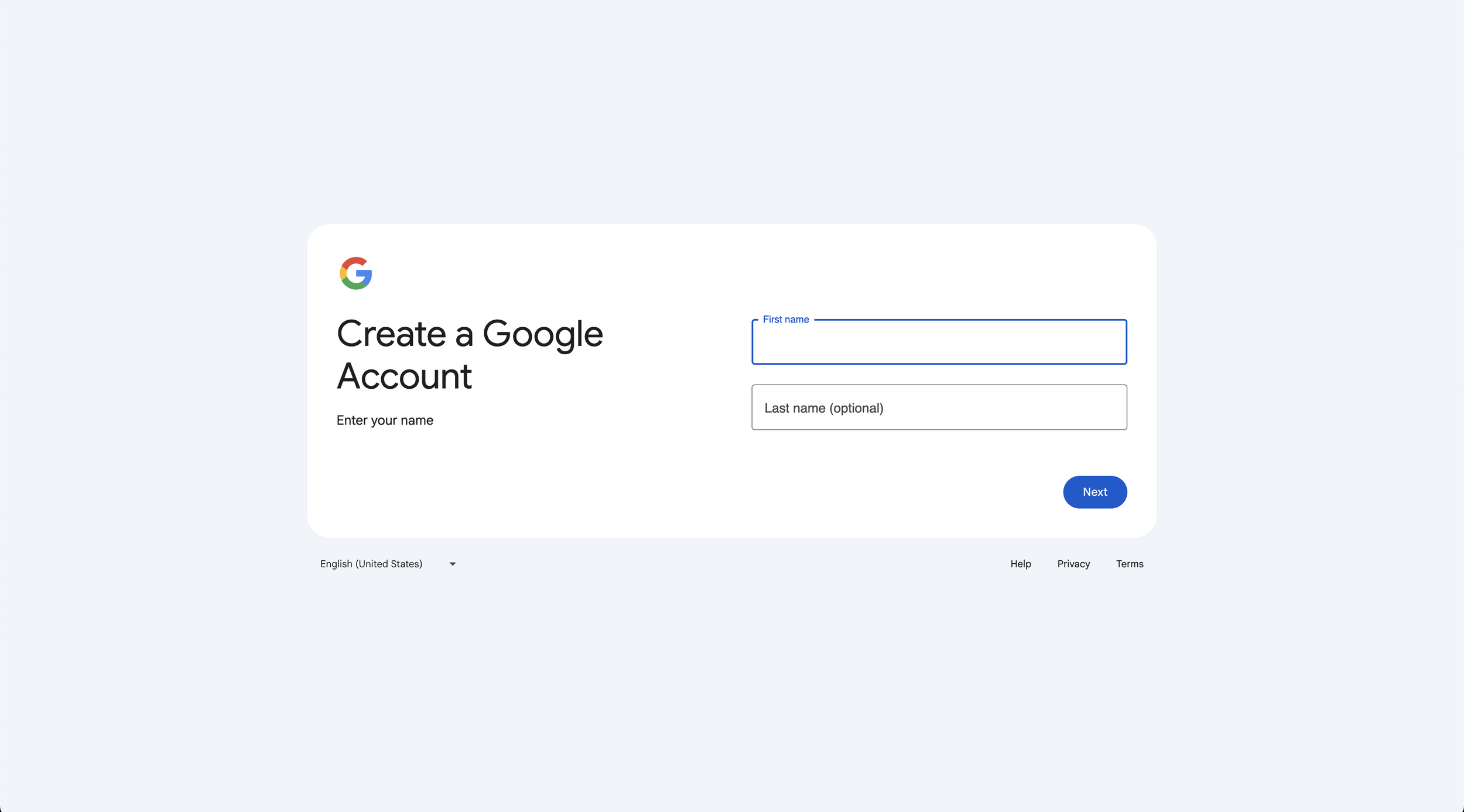 Google account creation page with fields to enter first and last name.