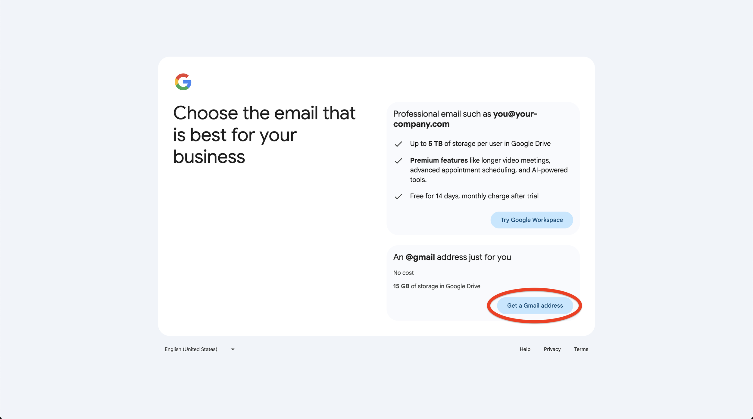 Google account setup page with the 'Get a Gmail address' button circled.