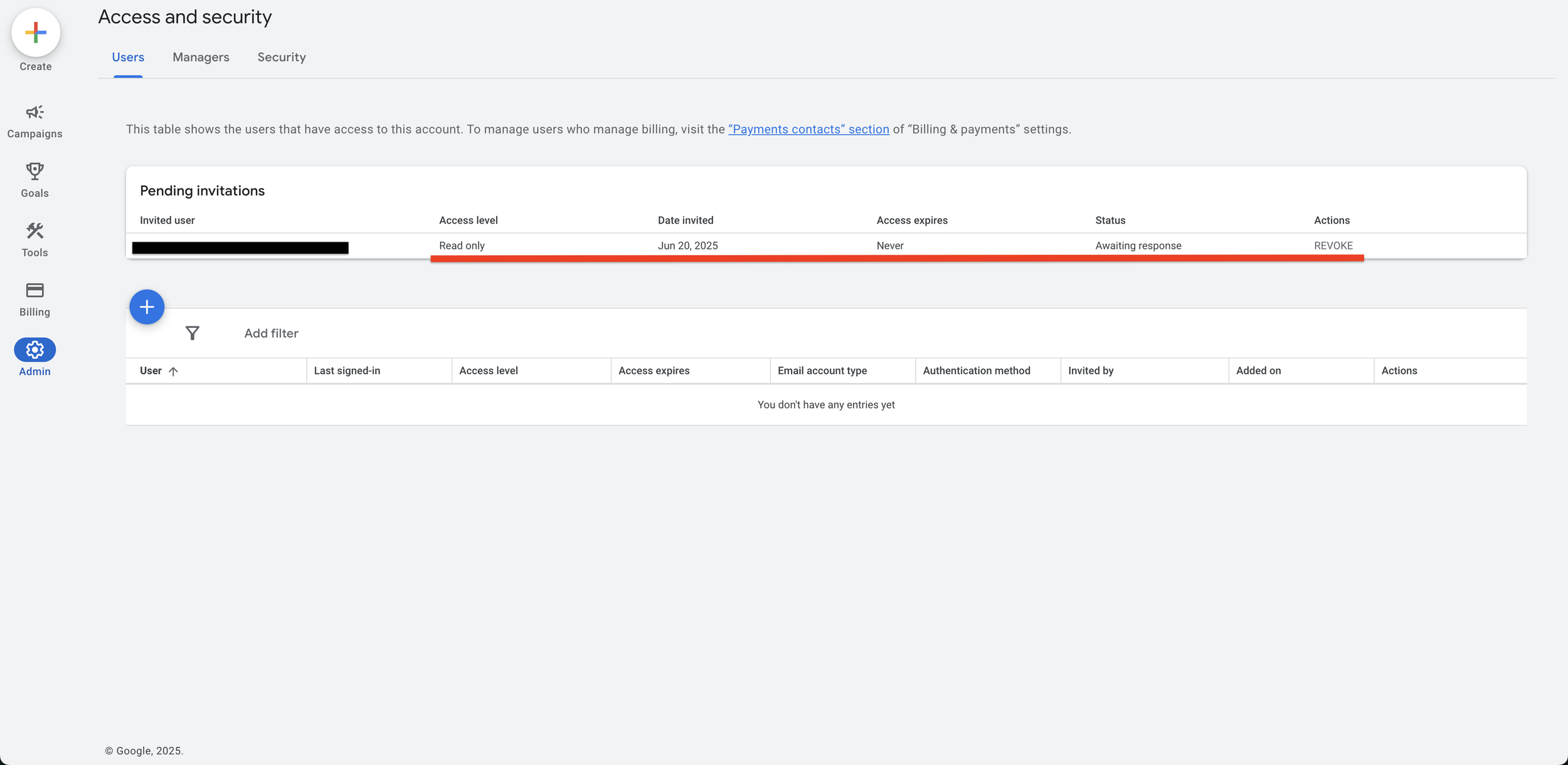 Screenshot of the Google Ads Access and Security Users tab displaying a pending invitation. The invited user appears in the Pending Invitations table with Read only access, date invited, no expiration, and a status of 'Awaiting response,' along with a Revoke link.