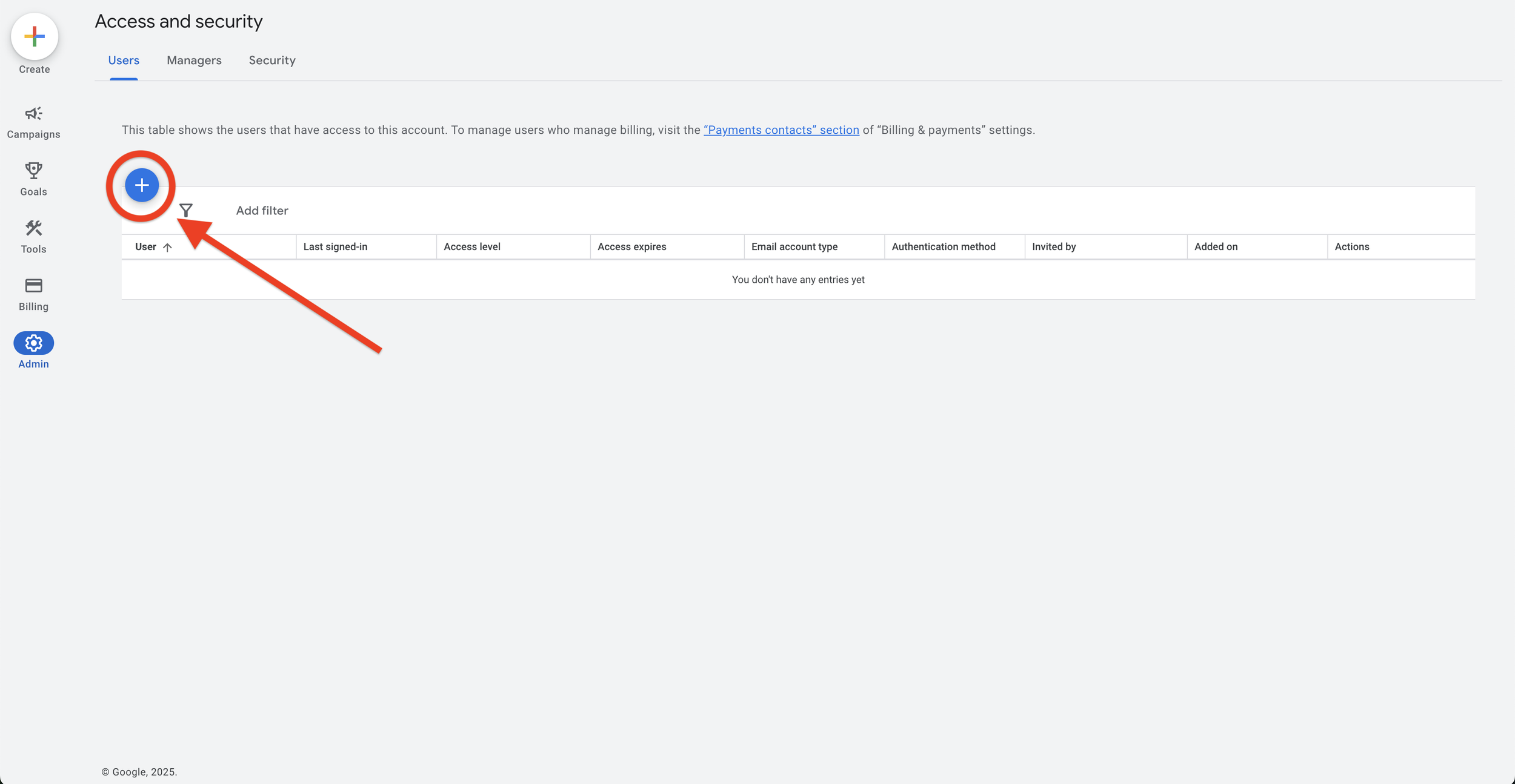 Screenshot of the Google Ads Access and Security section showing the Users tab, with a red arrow highlighting the blue plus icon used to add a new user.