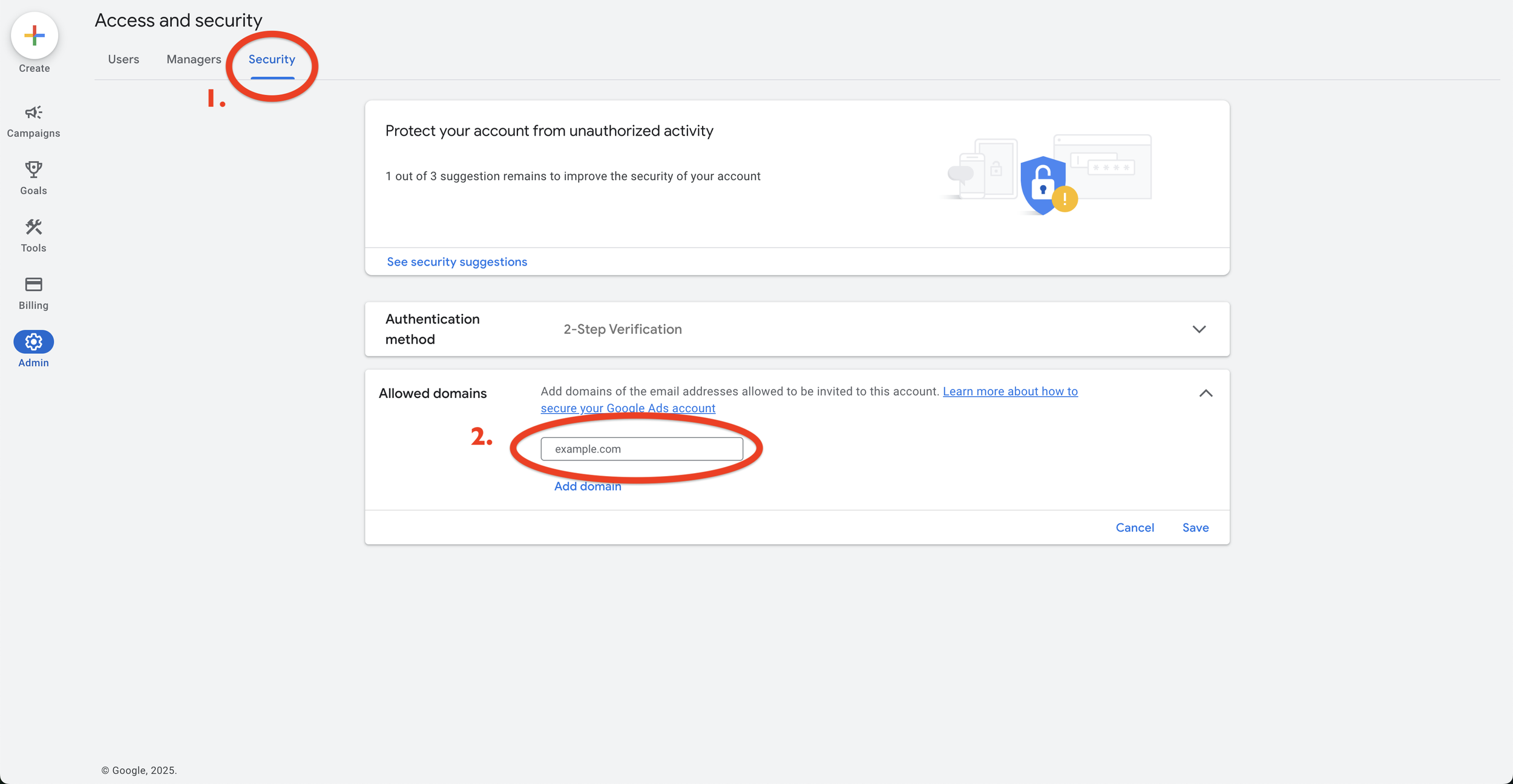Screenshot of the Google Ads Access and Security section showing the Security tab selected. The Allowed domains input field is circled, indicating where to add an approved email domain for account invitations.
