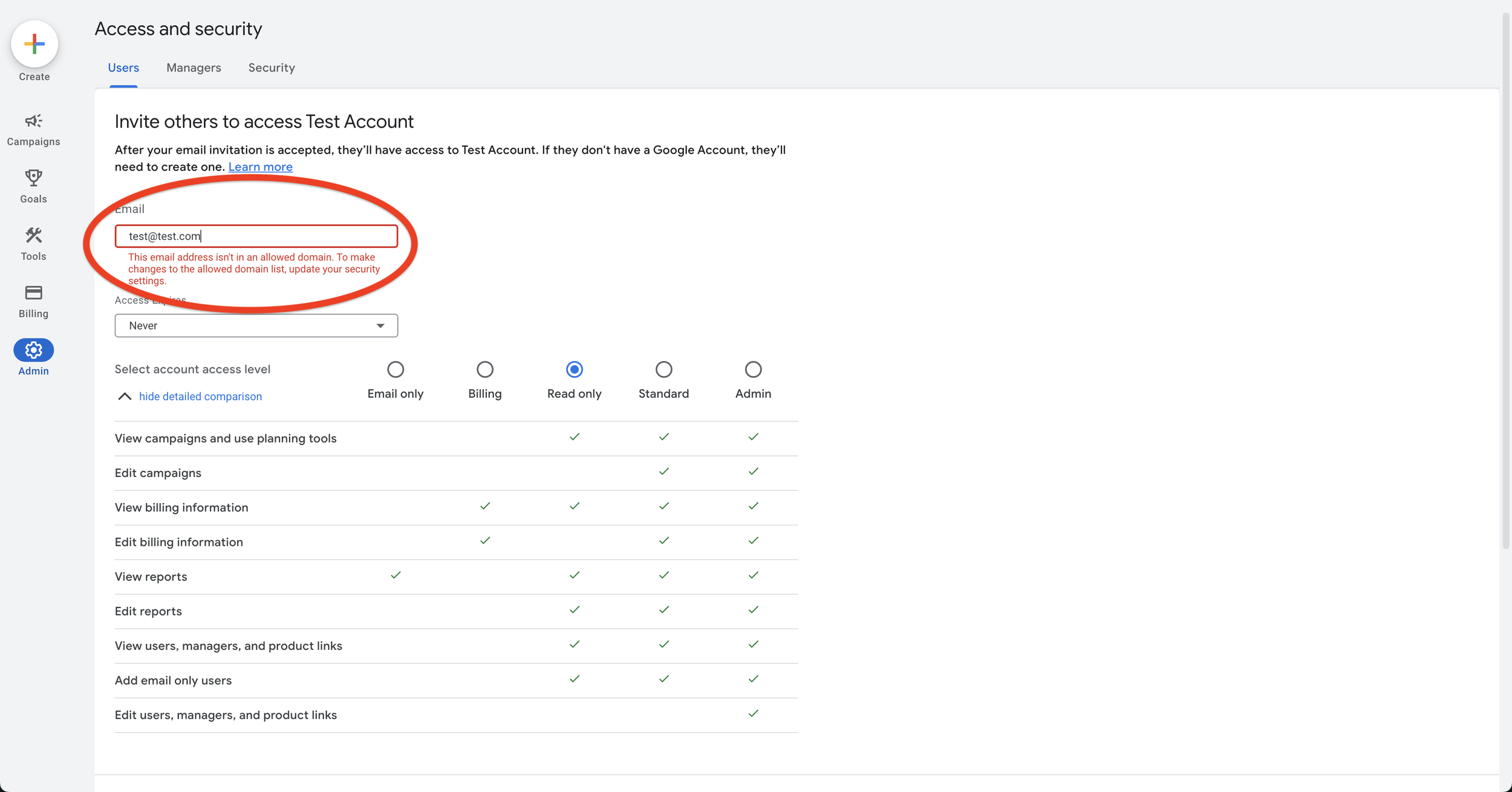 Google Ads invite user screen with the email field highlighted and an error message stating the email address isn’t in an allowed domain.