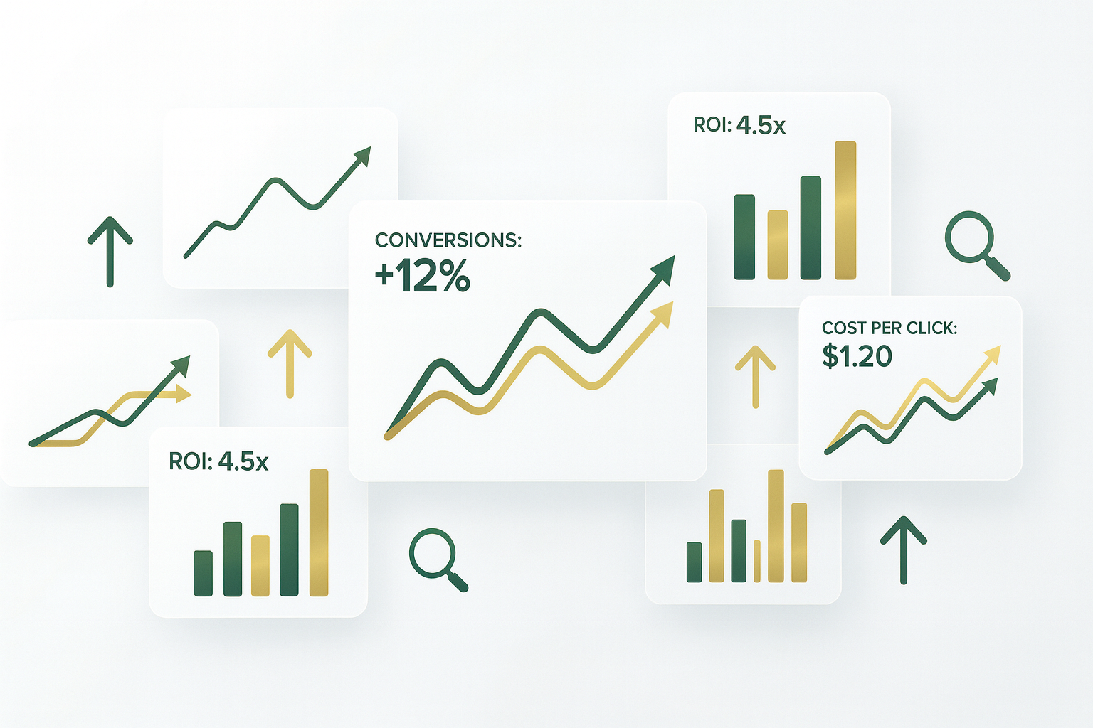 Minimalist graphic of floating white analytics cards featuring green and gold line graphs, bar charts, upward arrows, and metrics such as conversions, ROI, and cost per click, arranged on a soft white background to represent marketing performance improveme