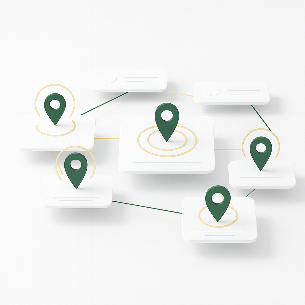 Minimalist isometric illustration of interconnected white cards, each featuring a green map pin surrounded by gold concentric location rings. The cards float on a white background and are linked by thin green lines, representing a network of service areas 