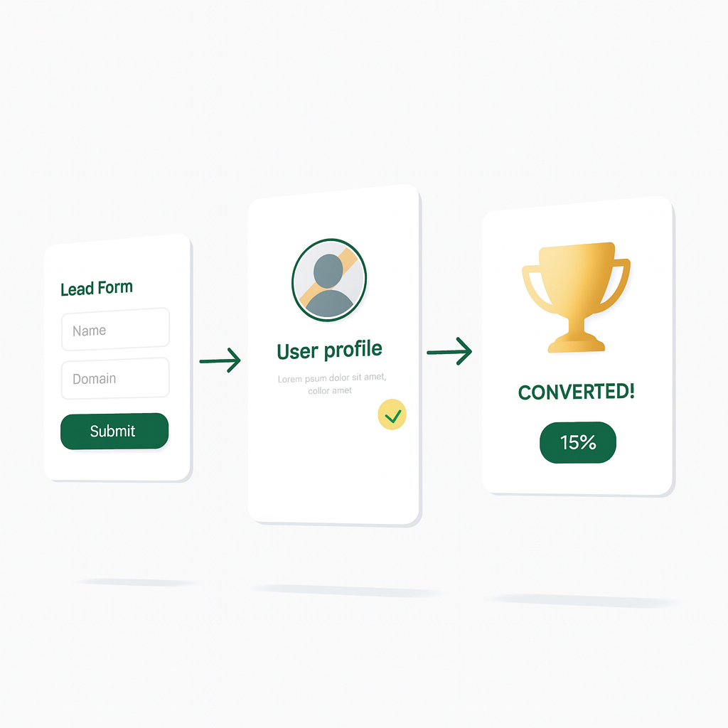 Minimal three-step conversion flow showing a lead form, a user profile card, and a final conversion card with a gold trophy icon and success percentage. Each white card is connected by green arrows on a light background.
