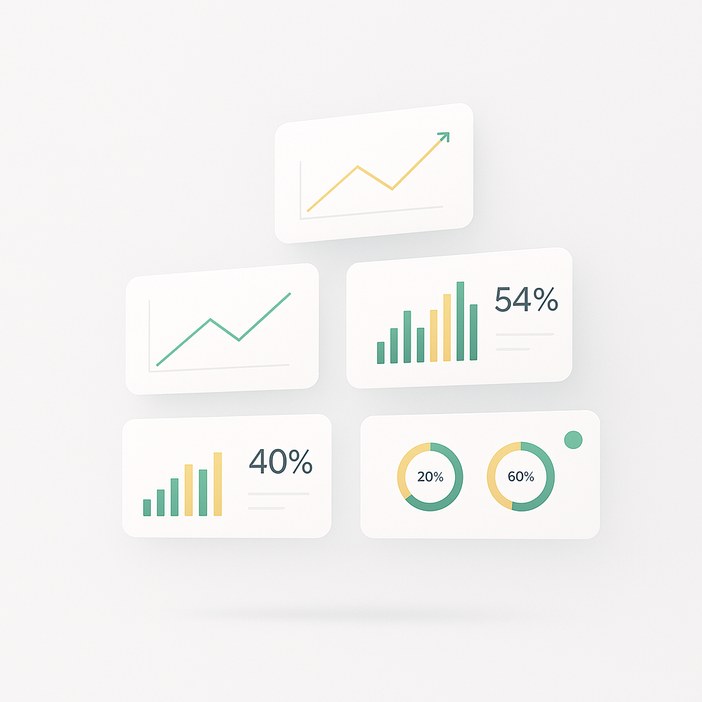 Five floating white analytics cards arranged in a loose grid on a soft light-gray background. Each card contains minimal green and gold data visualizations, including line charts, bar charts, donut charts, and percentage metrics such as 40% and 54%.