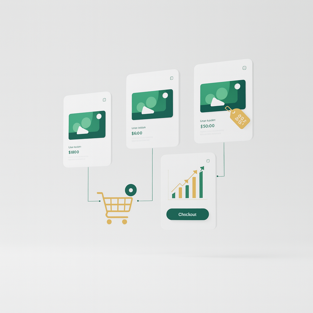 A 3D digital illustration of an e-commerce checkout flow showing four floating product cards connected by lines to a golden shopping cart and a checkout panel with an upward-trending bar graph