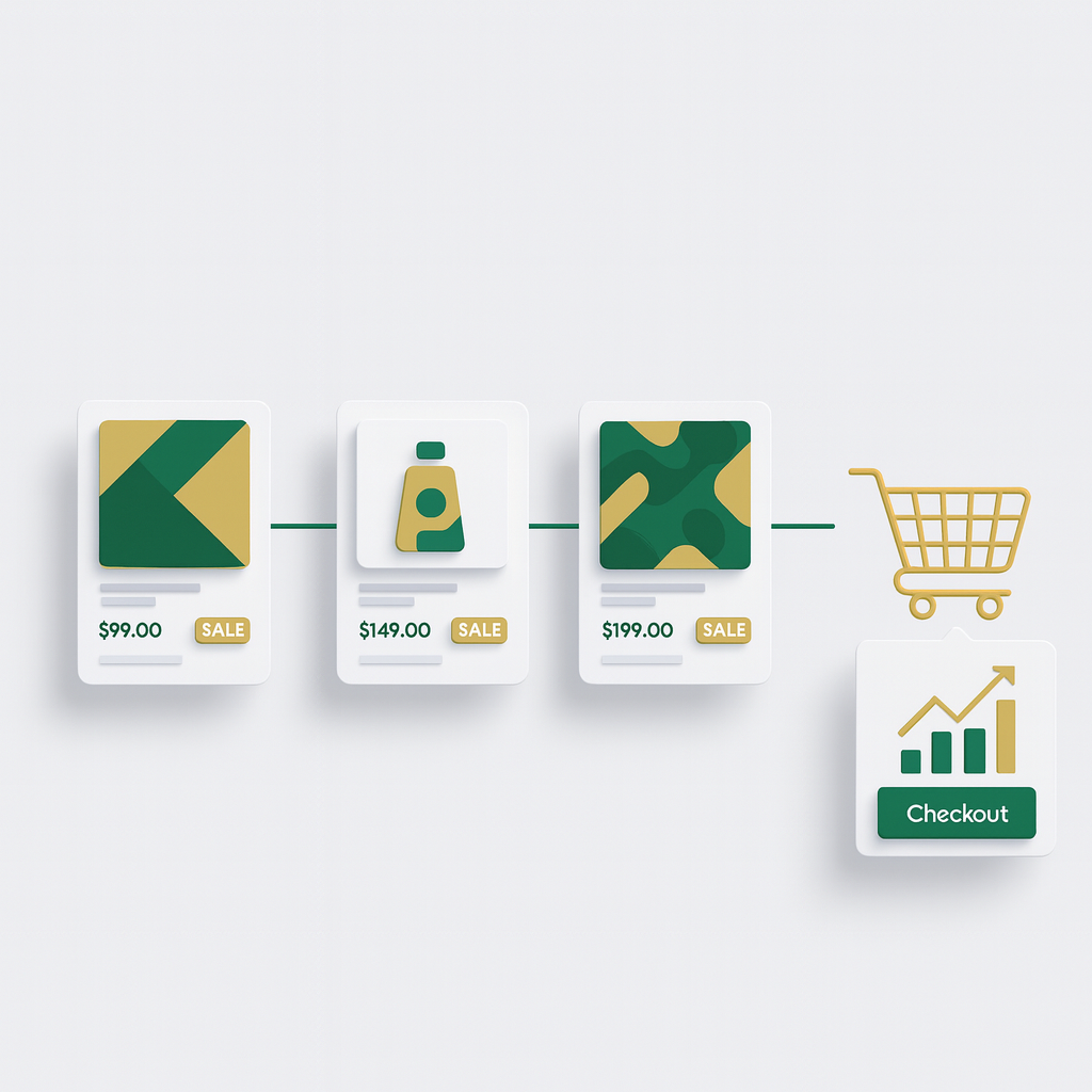 A minimalist 3D e-commerce scene with three product cards linked to a gold cart and a clean checkout panel featuring an upward bar chart and green “Checkout” button in Iliads’ style.