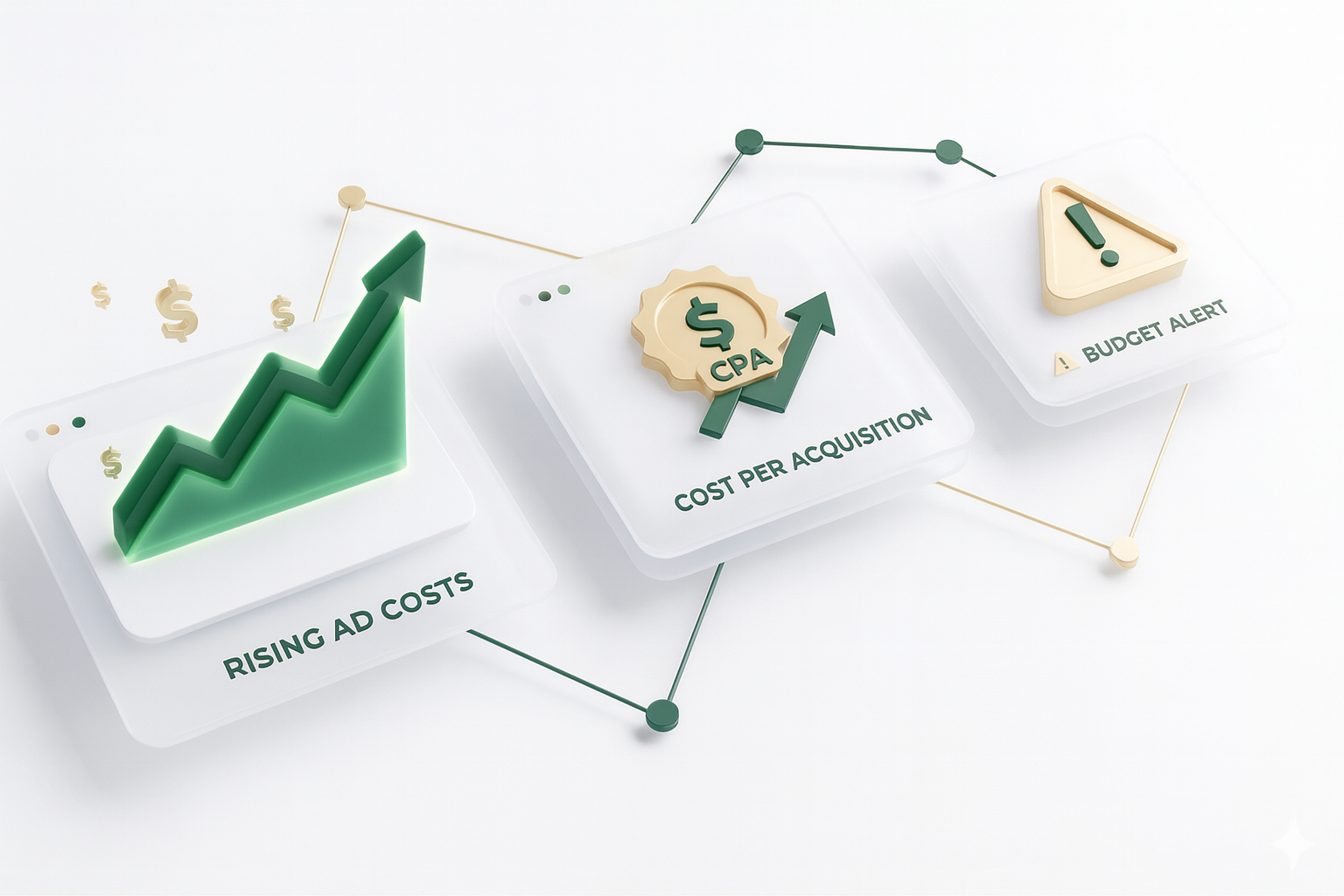 3D illustration showing rising ad costs, increased CPA, and a budget alert, represented by a green upward graph, a CPA badge with an arrow, and a warning icon.