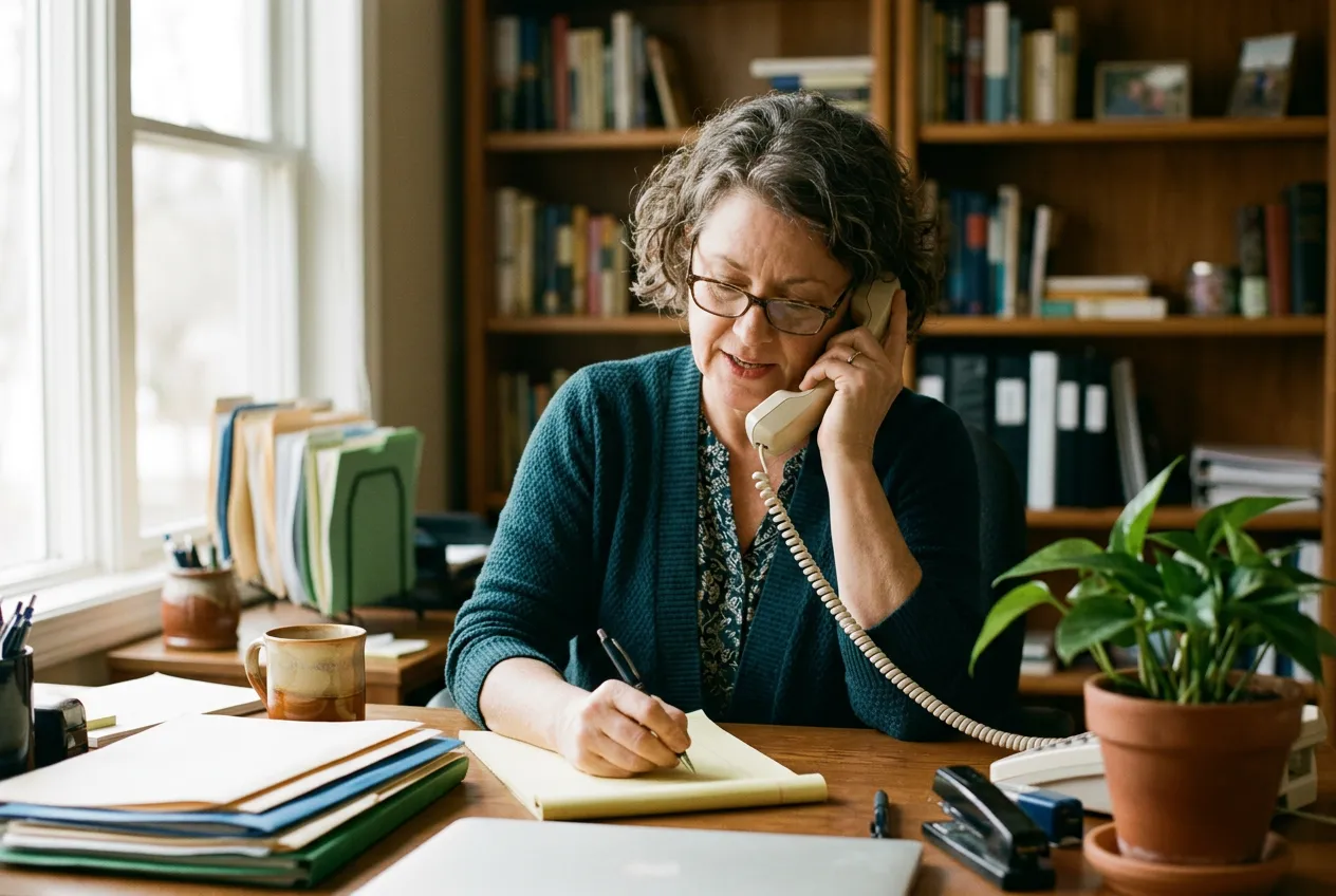Insurance agent at a home office desk talking on a corded phone while writing notes on a legal pad