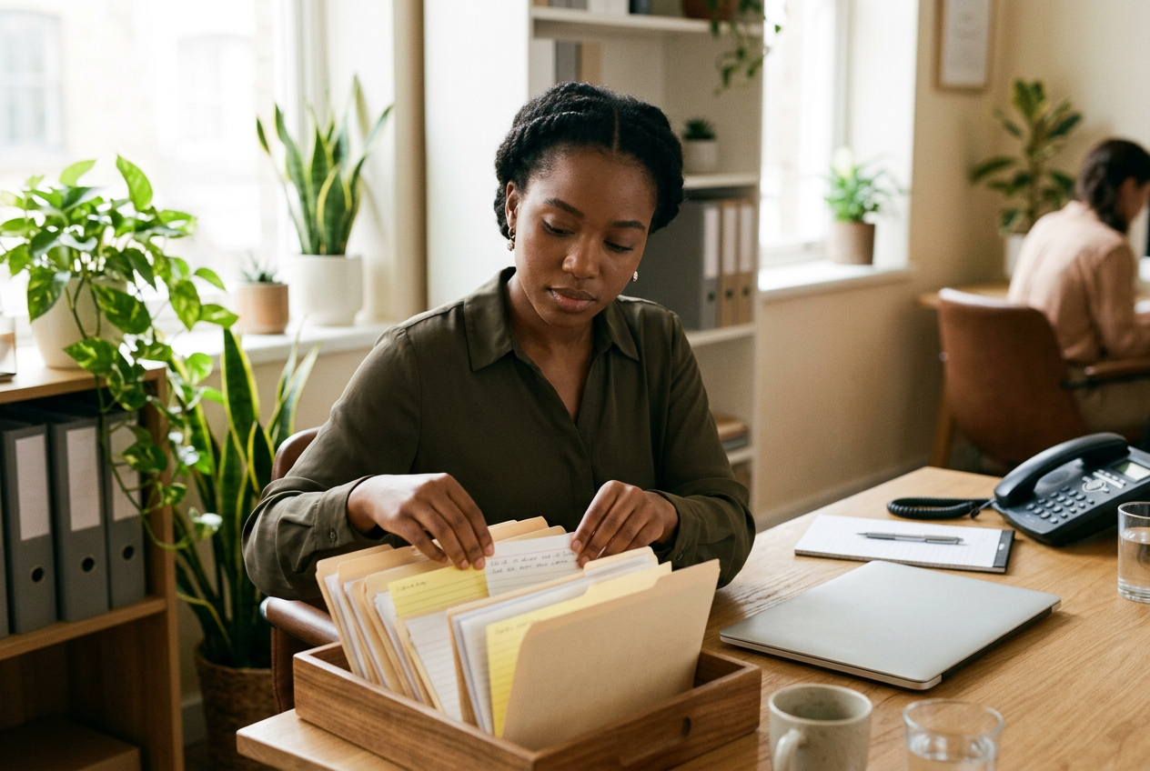 Insurance agent organizing client folders at a desk next to a laptop and desk phone