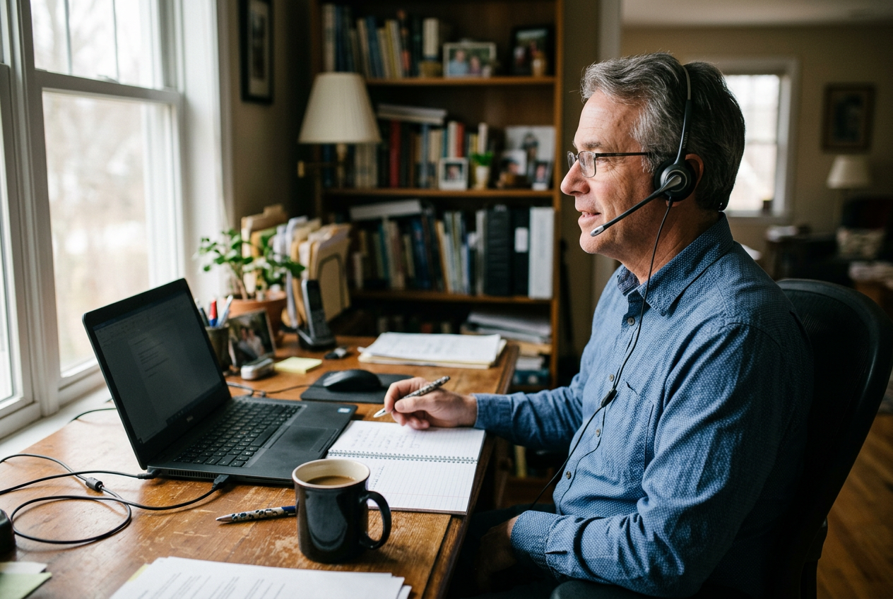 Insurance agent in a headset working at a laptop in a home office with bookshelves