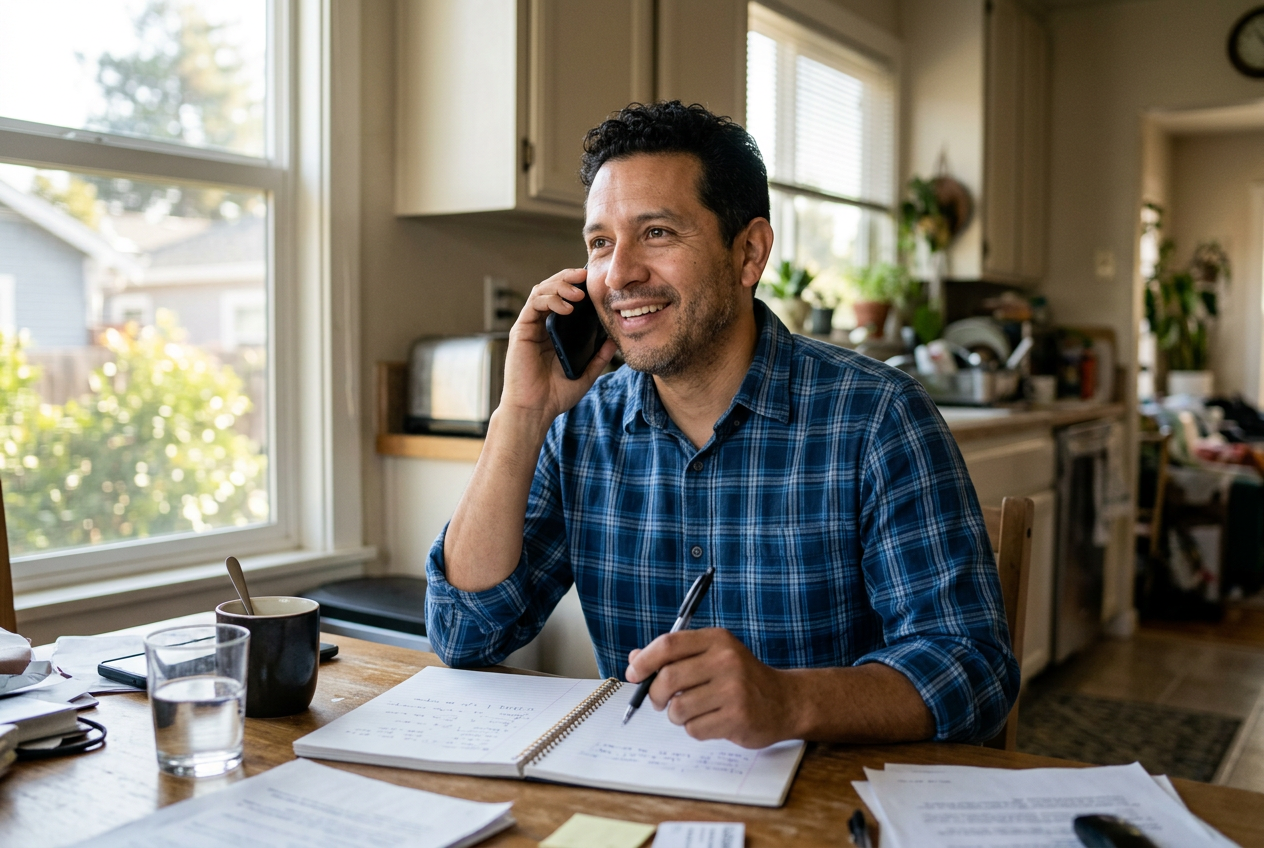 Insurance agent smiling while answering a phone call at a kitchen table workspace with a notebook