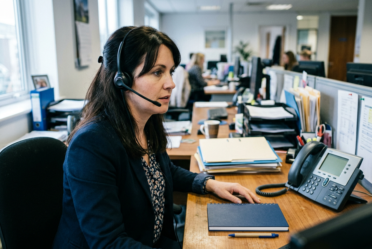 Insurance agent wearing a headset at an office desk with a desk phone and closed notebook