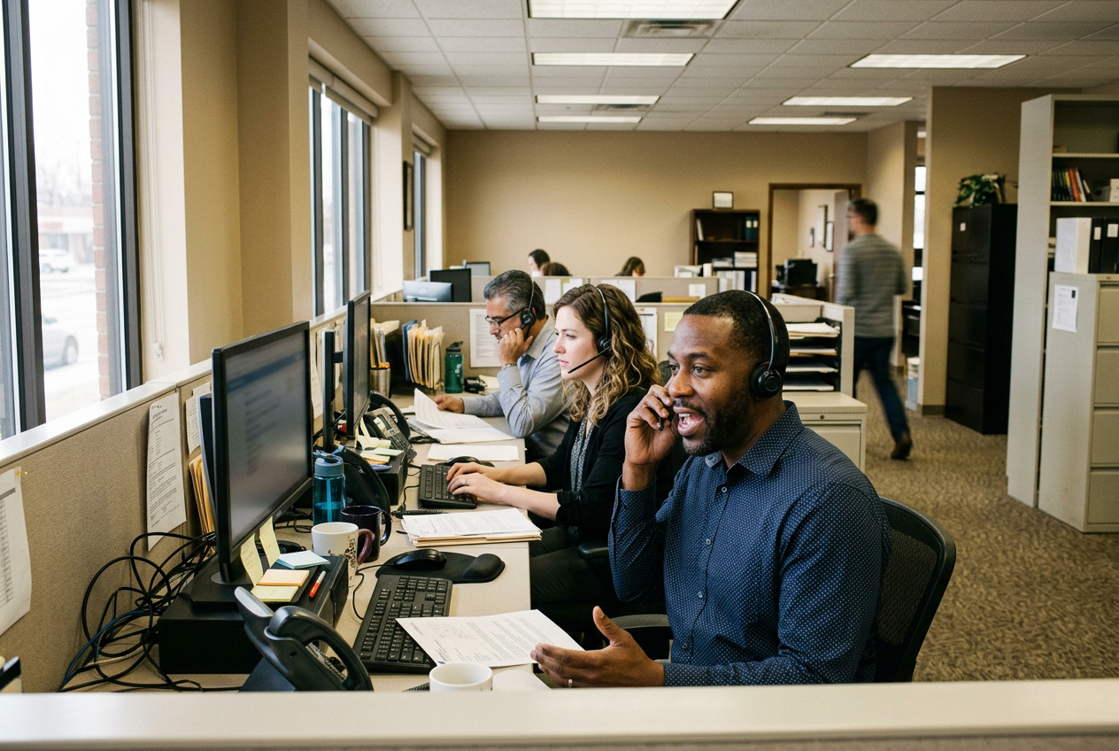 Insurance agents wearing headsets taking calls on a small agency sales floor