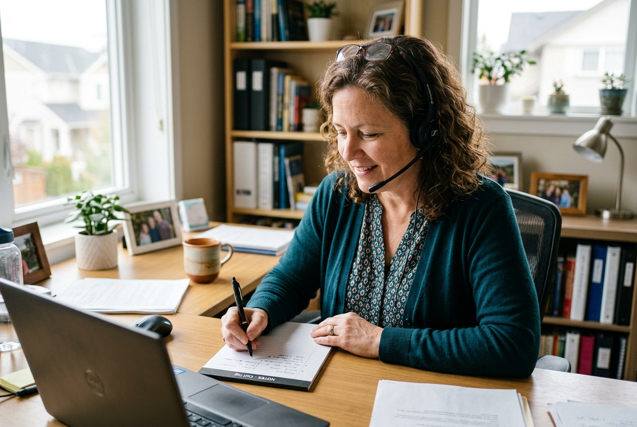 Insurance agent in a headset taking notes during a phone call at a home office desk with bookshelves