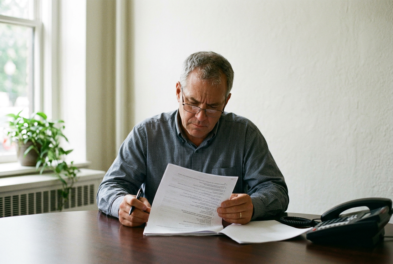 Insurance agency owner reviewing printed pages with a pen at a wooden table beside a desk phone