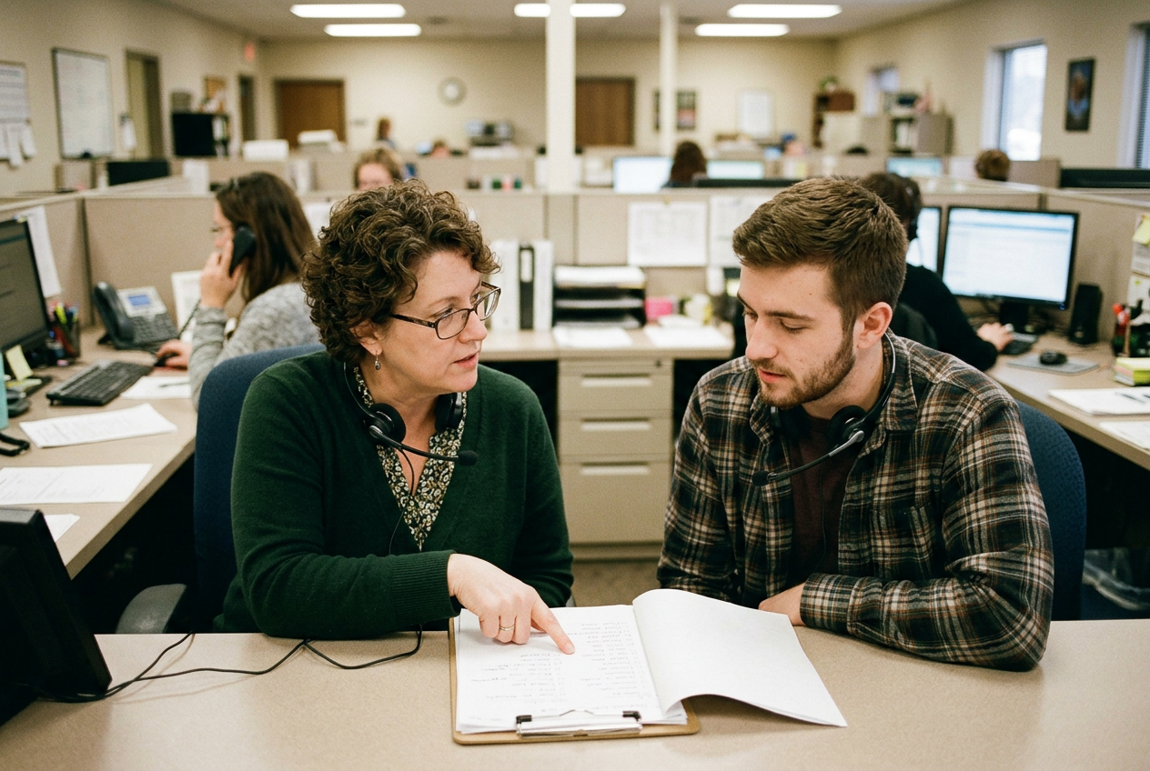 Sales manager and a younger agent reviewing a printed checklist in a binder at a desk in a busy office