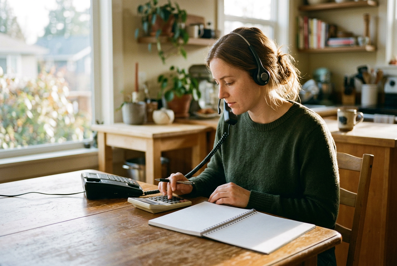 Insurance agent wearing a headset working with a calculator and a notebook at a kitchen table home office
