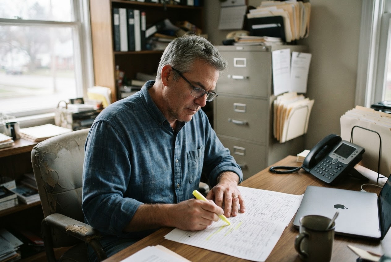 Insurance agent at an office desk marking up a printed call log with a highlighter beside a desk phone