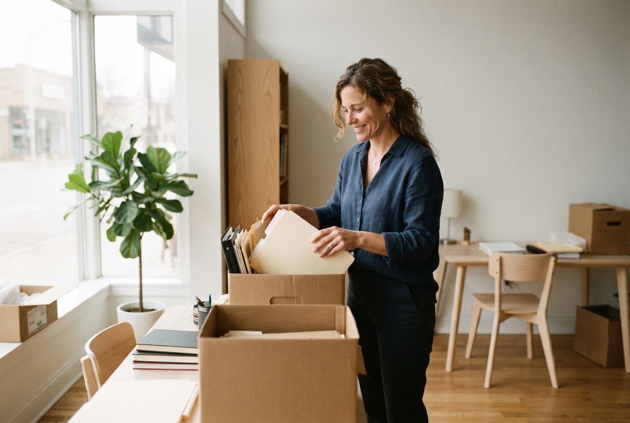 New insurance agency owner unpacking boxes and arranging folders in a bright, sparsely furnished office