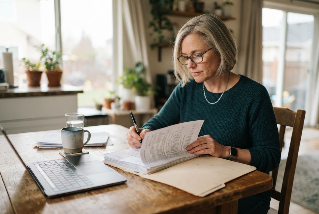 Insurance agent with reading glasses reviewing paperwork in a folder at a kitchen-table home office beside a laptop and coffee mug