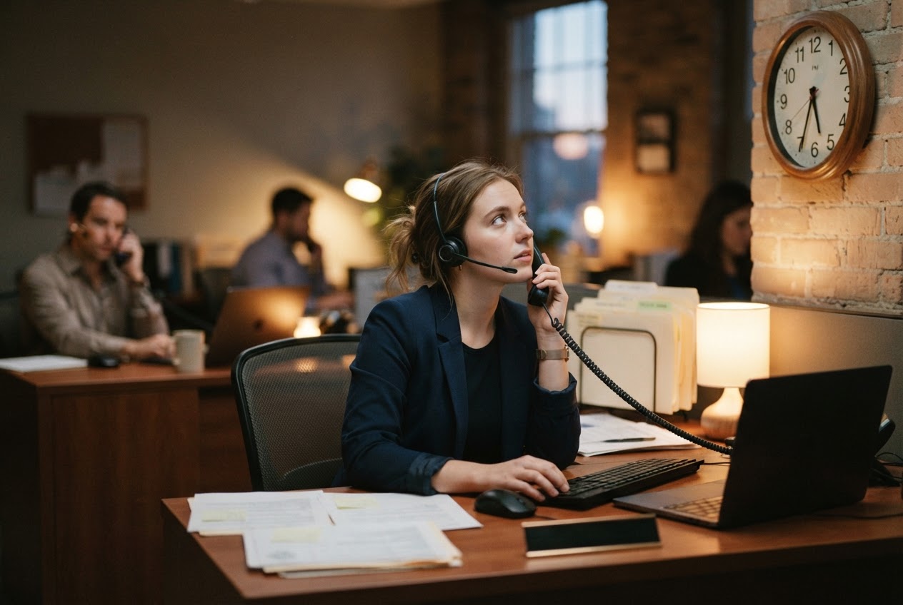 Insurance agent wearing a headset taking a call on a desk phone in an agency office in the evening, with a wall clock behind her