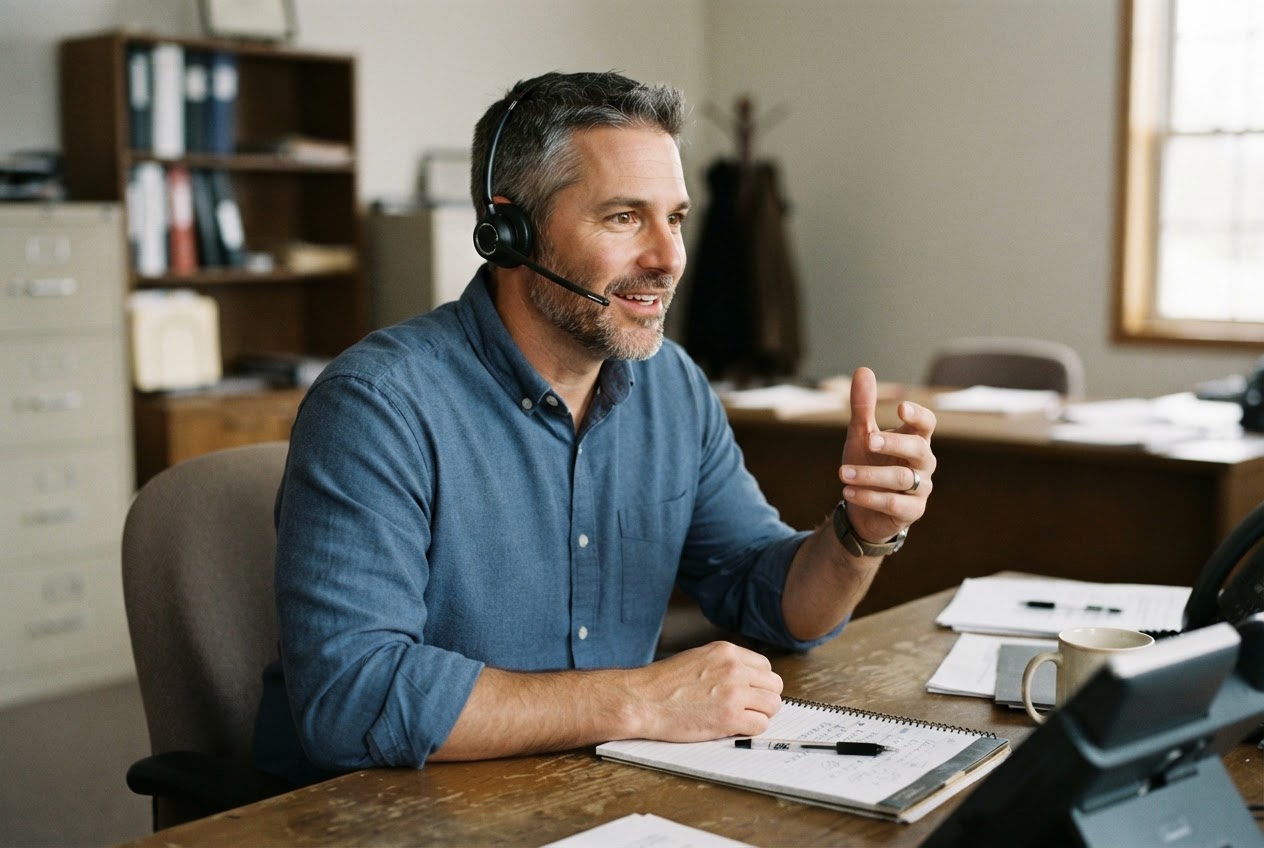 Insurance agent wearing a headset talking on a call at a desk with a notepad and pen
