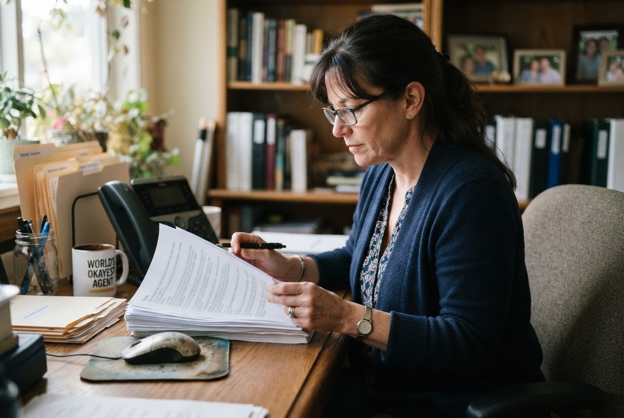 Insurance agent with reading glasses reviewing a stack of printed paperwork at a home office desk