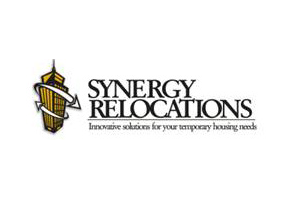 Logo of Synergy Relocations featuring a building icon and tagline for temporary housing solutions.