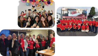 Groups of people gathered for celebrations and team events, showcasing camaraderie and unity.