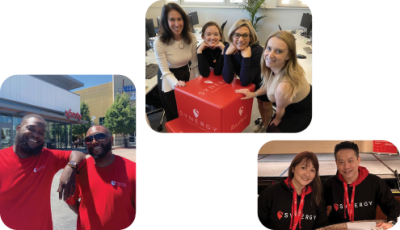 Synergy-branded team members pose in various settings, showcasing company apparel and branding.