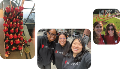 Group in red attire, Synergy hoodies, and NYIT sign in outdoor and indoor settings.