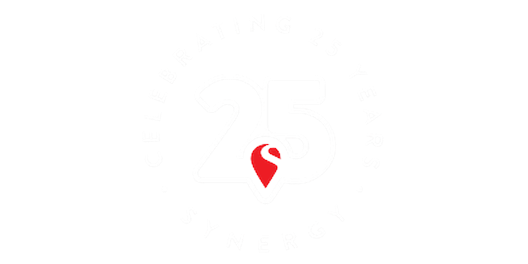 A "Celebrating 25 Years" logo with a red location pin inside the number 25, labeled "Synergy."