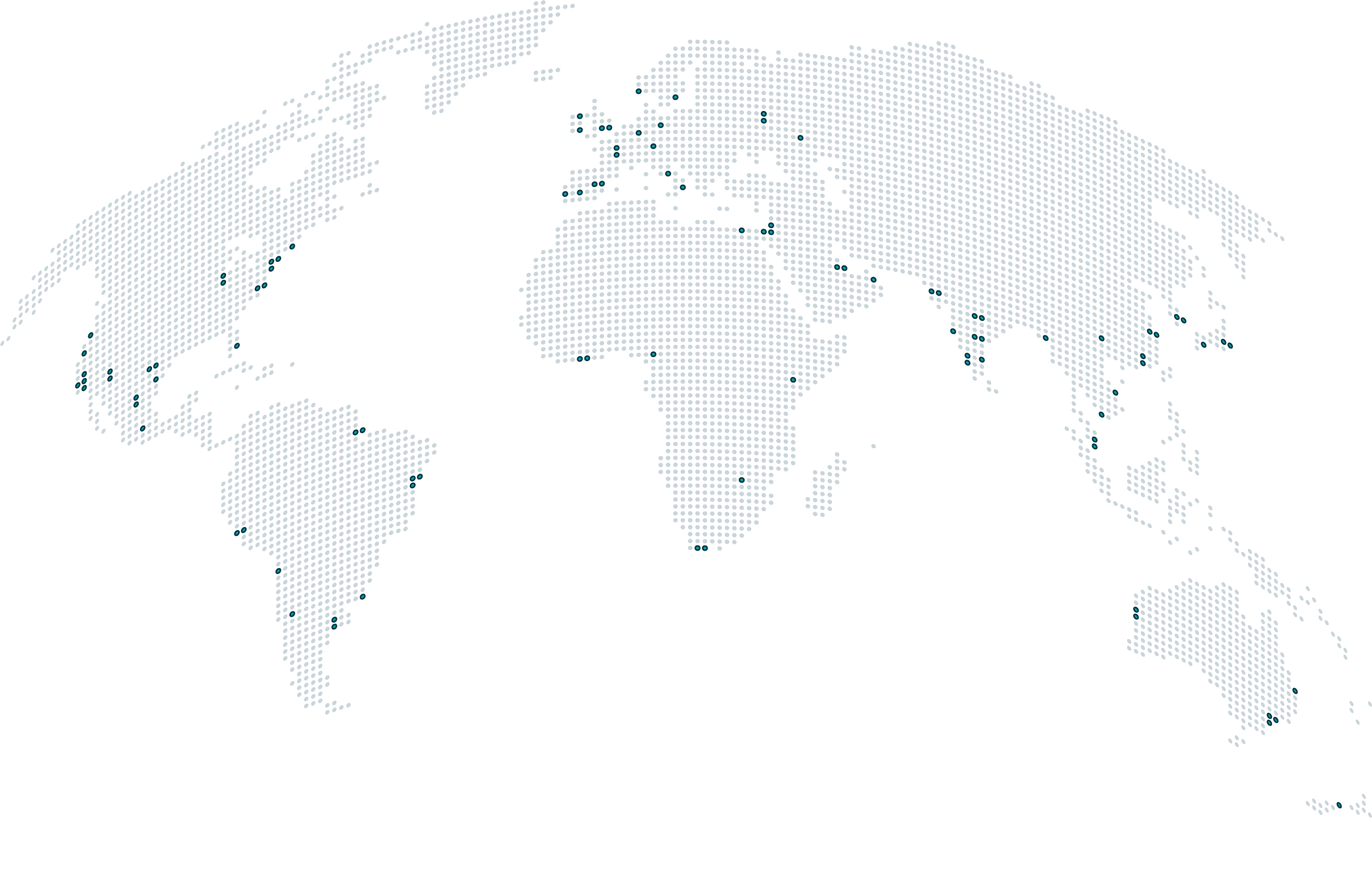 A pixelated world map in light gray with scattered teal dots marking specific locations.