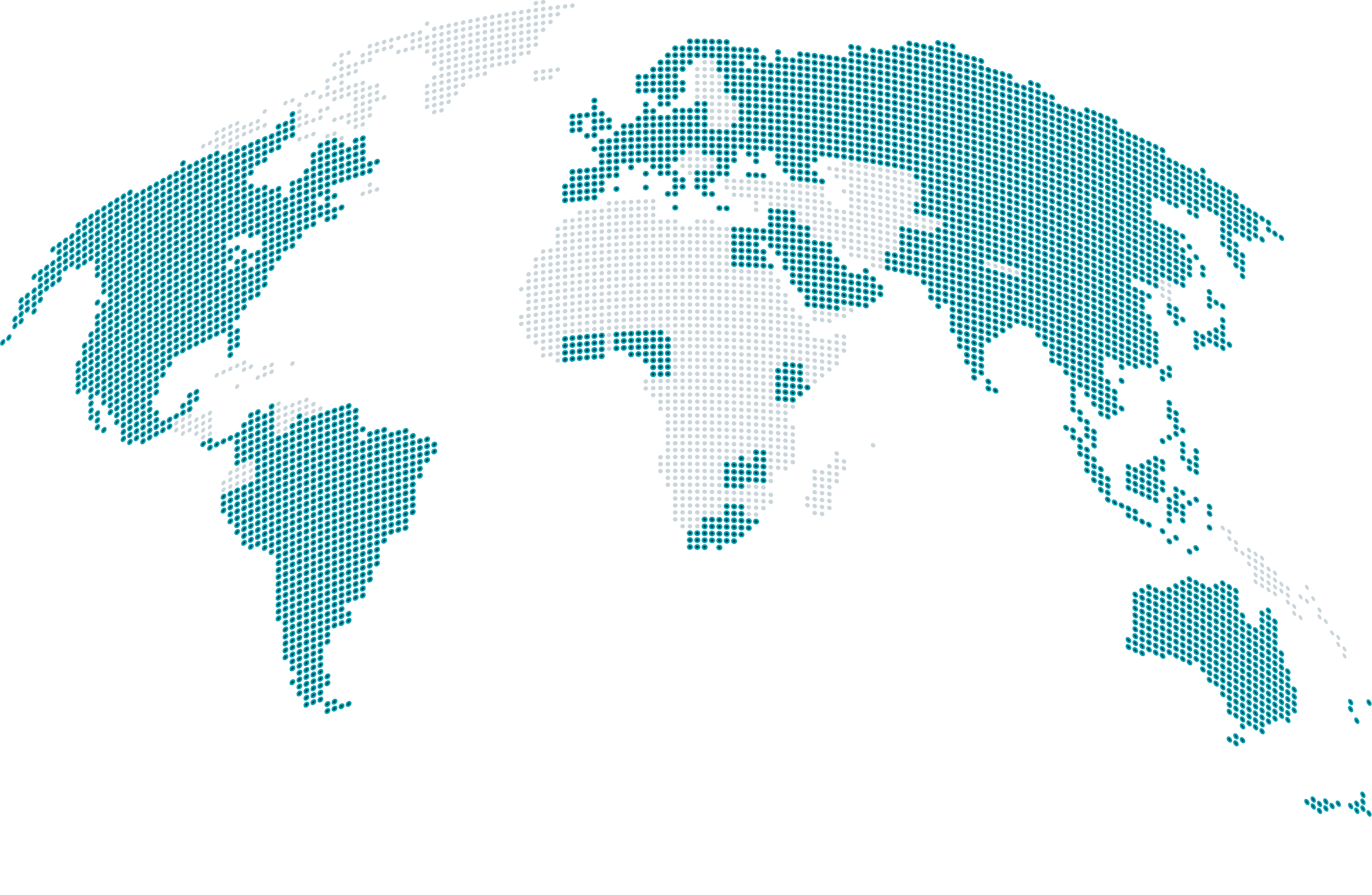 A pixelated world map highlights landmasses in teal and oceans in light gray.