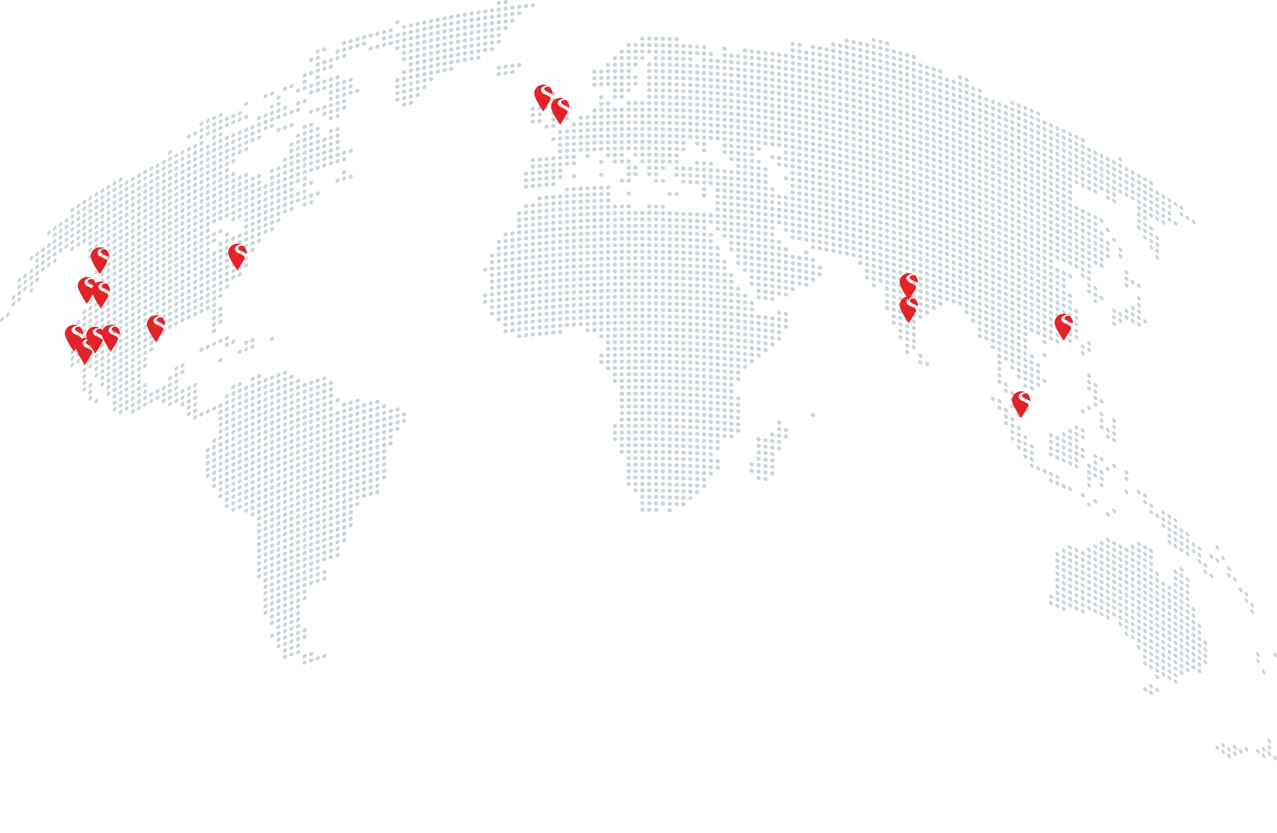 A world map highlights locations with red markers across North America, Europe, and Asia-Pacific regions.