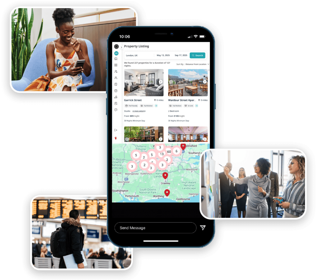 A mobile app displays property listings with a map, surrounded by scenes of travel and collaboration.