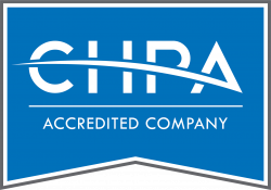 CHPA Accredited Company logo featuring a blue shield design with white text and a curved line.
