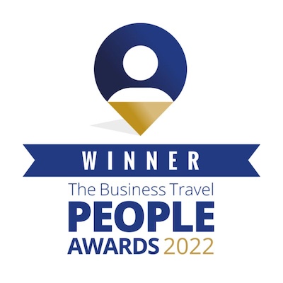 Winner badge for The Business Travel People Awards 2022, featuring a gold and blue design.