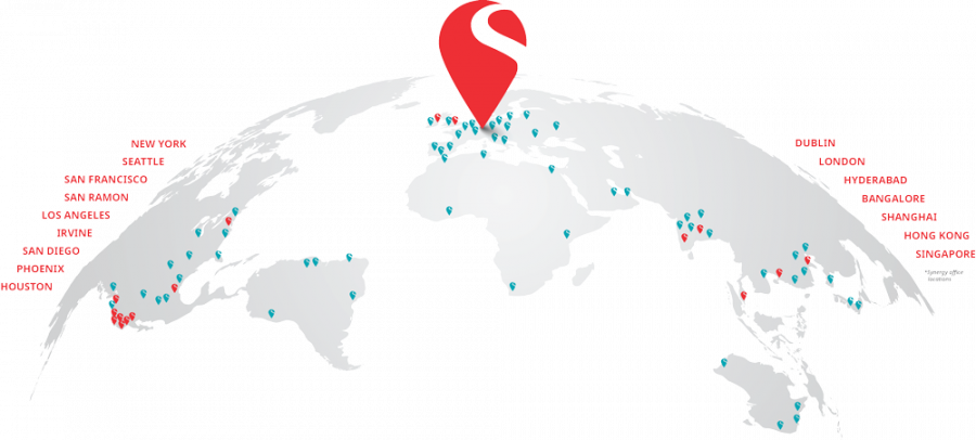 A world map highlights major cities with red pins and smaller locations with blue pins globally.