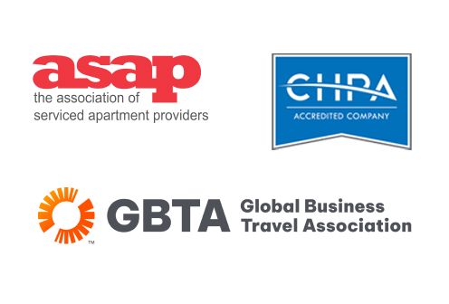 Logos of ASAP, CHPA, and GBTA, representing serviced apartments and business travel associations.