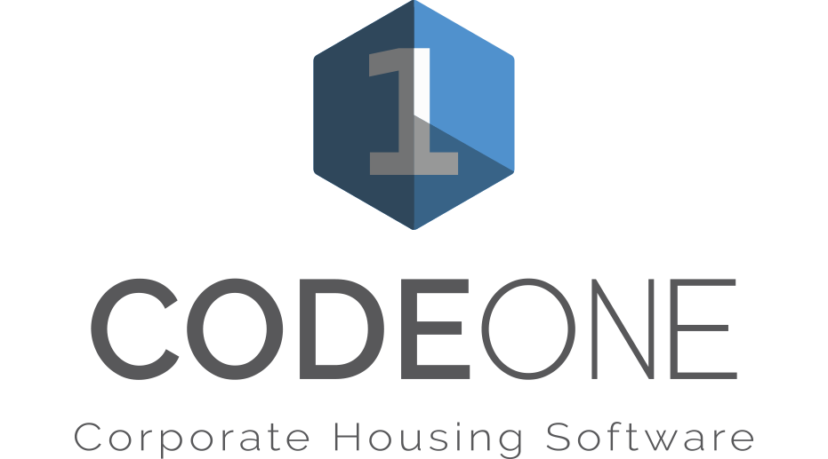 CodeOne logo featuring a hexagonal design with "1" and text: "Corporate Housing Software".