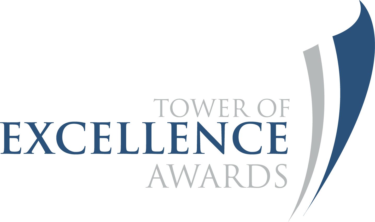 Logo of the Tower of Excellence Awards featuring blue and gray curved design elements.