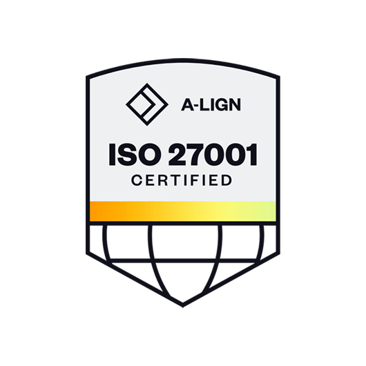 A badge displaying "A-LIGN ISO 27001 Certified" with a gradient design and geometric logo.
