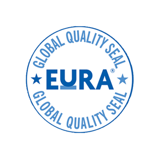 A circular blue seal with "EURA" at the center, labeled "Global Quality Seal" around the border.