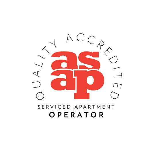 ASAP Quality Accredited Serviced Apartment Operator logo with bold red "asap" text in the center.